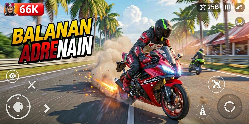 Screenshot gameplay 66K menampilkan balapan motor yang mendebarkan.