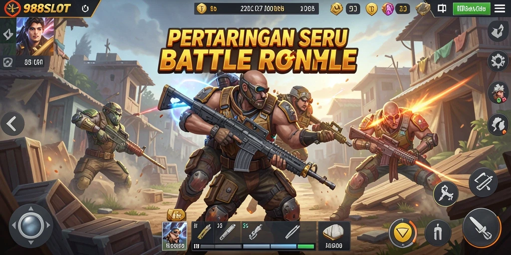 Tampilan dinamis dari permainan <strong>988SLOT</strong> dalam pertempuran Battle Royale.