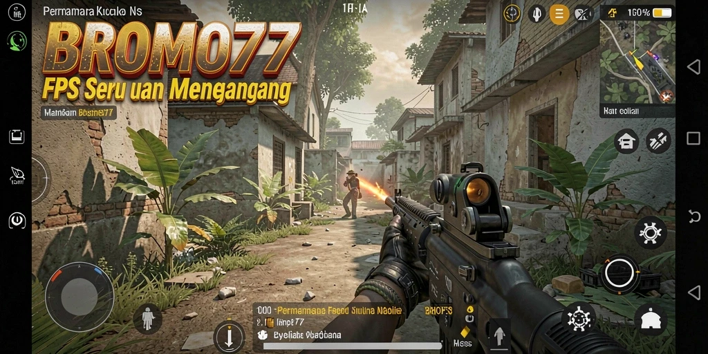 Screenshot menampilkan aksi tembak-menembak dalam BROMO77.