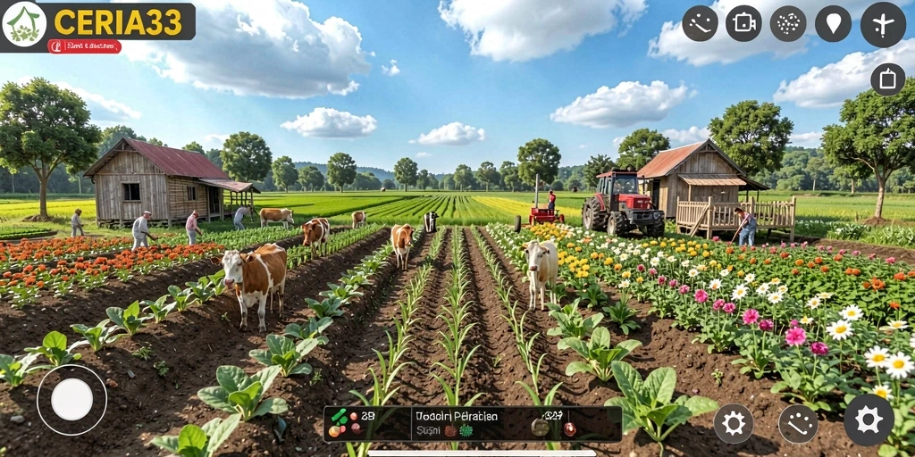 Screenshot CERIA33 menampilkan gameplay menarik dengan ladang hijau subur.