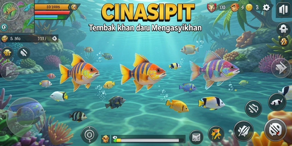 Screenshot utama CINASIPIT menampilkan aksi menembak ikan yang seru.