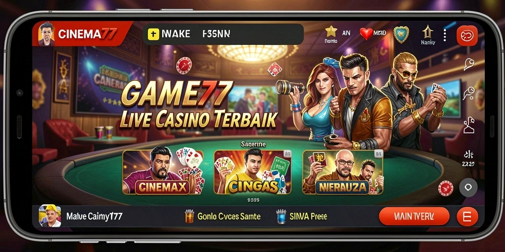 Screenshot utama CINEMA77 menampilkan dealer langsung dan pemain yang sedang menikmati permainan kasino.