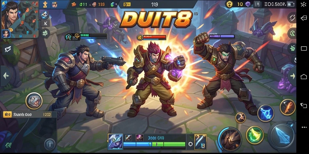 Tampilan gameplay intens di arena MOBA DUIT8.
