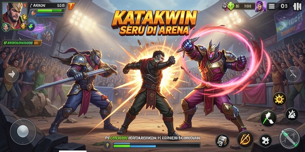Tampilan pertarungan seru dalam KATAKWIN dengan karakter bertarung di arena.