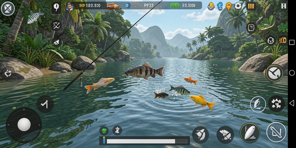 Screenshot gameplay PP123 dengan pengalaman memancing yang seru.