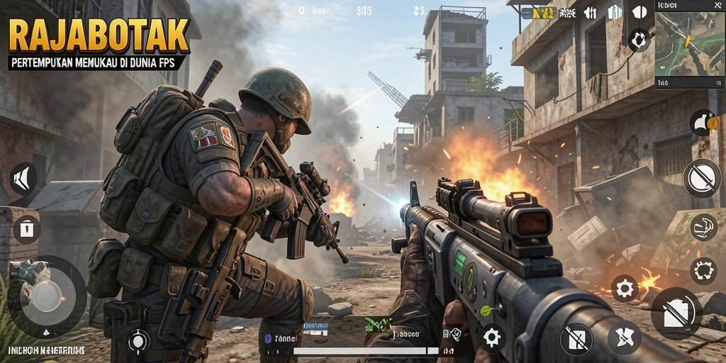 Tampilan gameplay RAJABOTAK yang menegangkan dalam aksi pertempuran FPS.